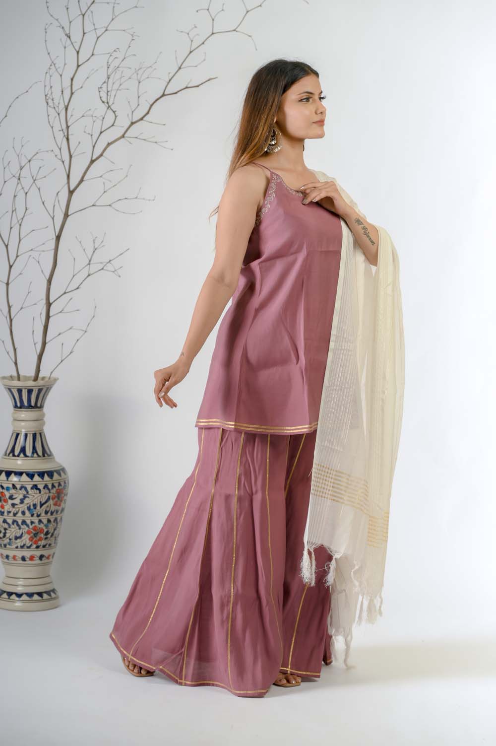 Light Purple Silk Festive Kurta Sharara Set for Women in Gota Lace & Zari Embroidery - Side View | Oopnik