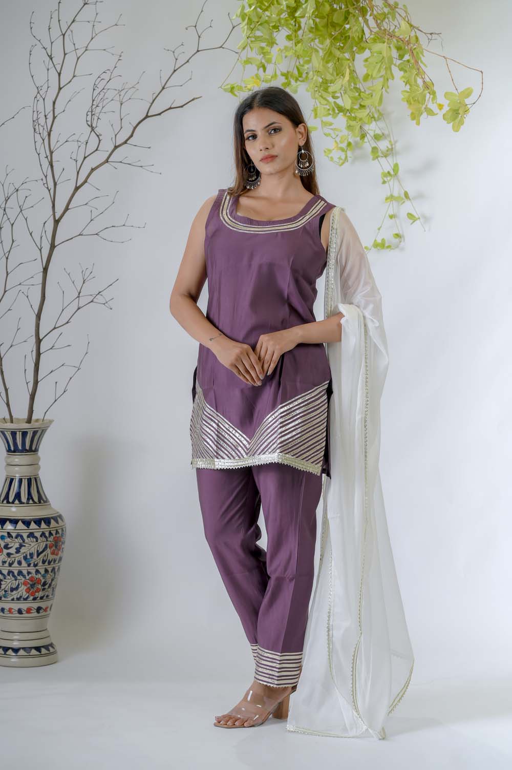 Dark Purple Silk Kurta Set for Women in Sleeveless Festive Wear - Side View | Oopnik