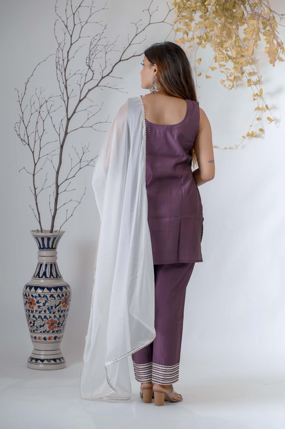 Dark Purple Silk Kurta Set for Women in Sleeveless Festive Wear - Back View | Oopnik