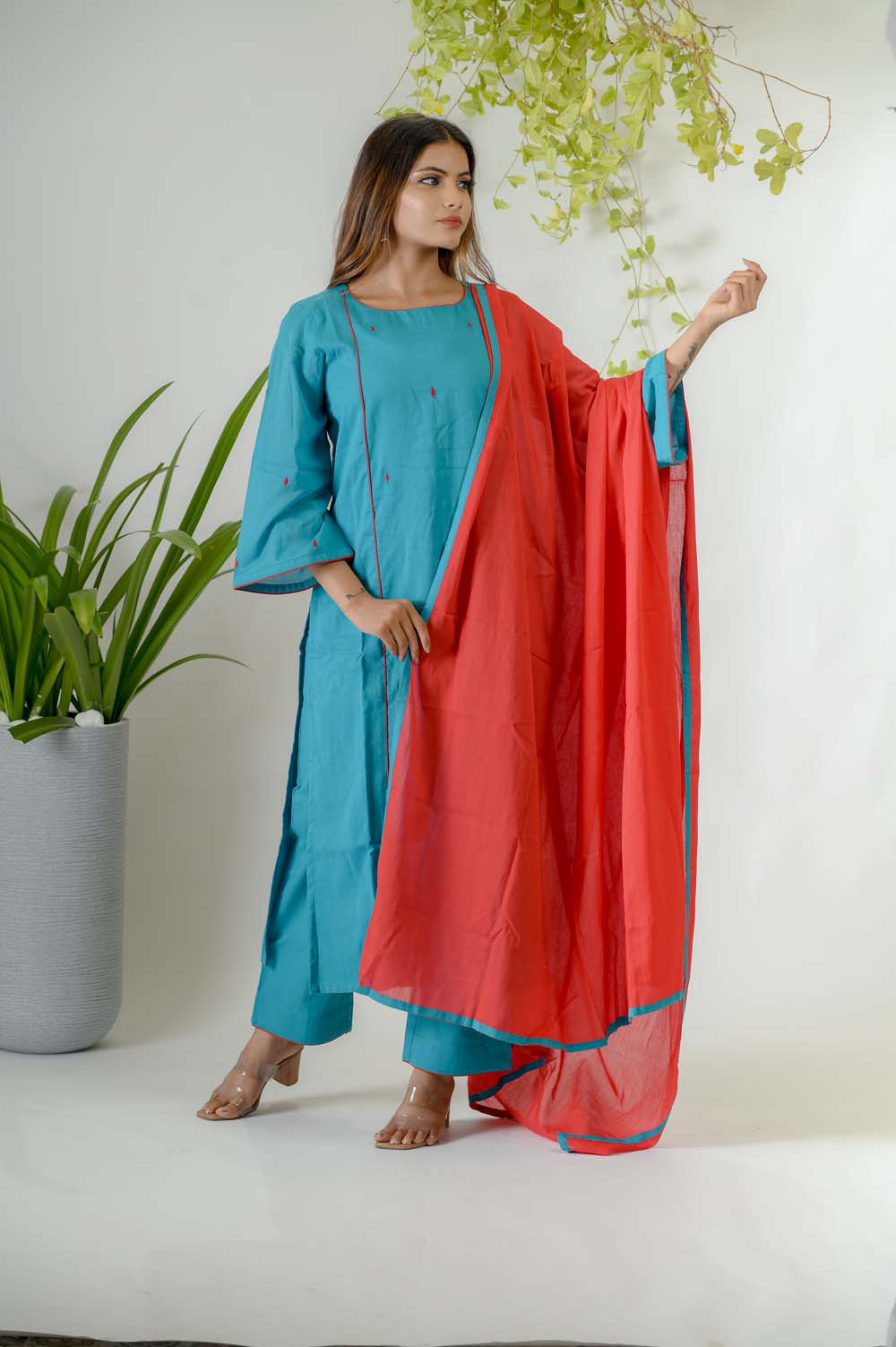 Blue Silk Kurta Set for Women with Silk Thread Embroidery - Front View | Oopnik