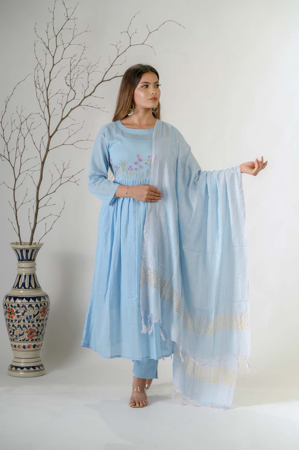 Blue Silk Kurta Set for Women with Beads, Sequence & Thread Embroidery - Front View | Oopnik