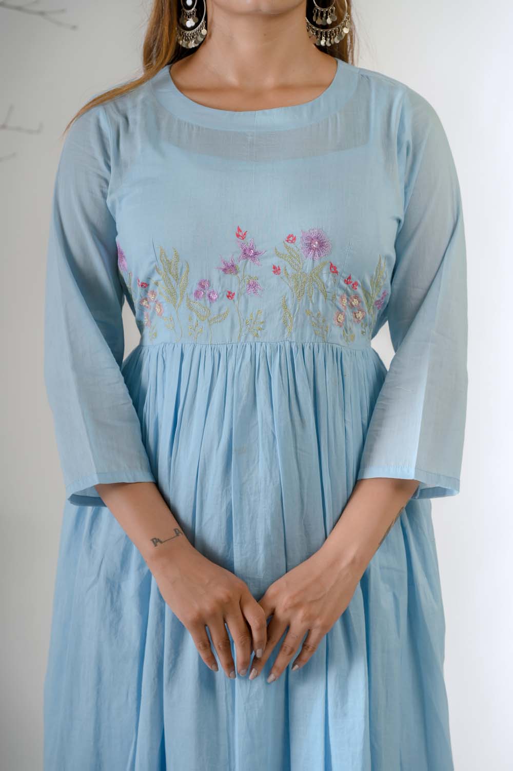 Blue Silk Kurta Set for Women with Beads, Sequence & Thread Embroidery - Neck Design | Oopnik