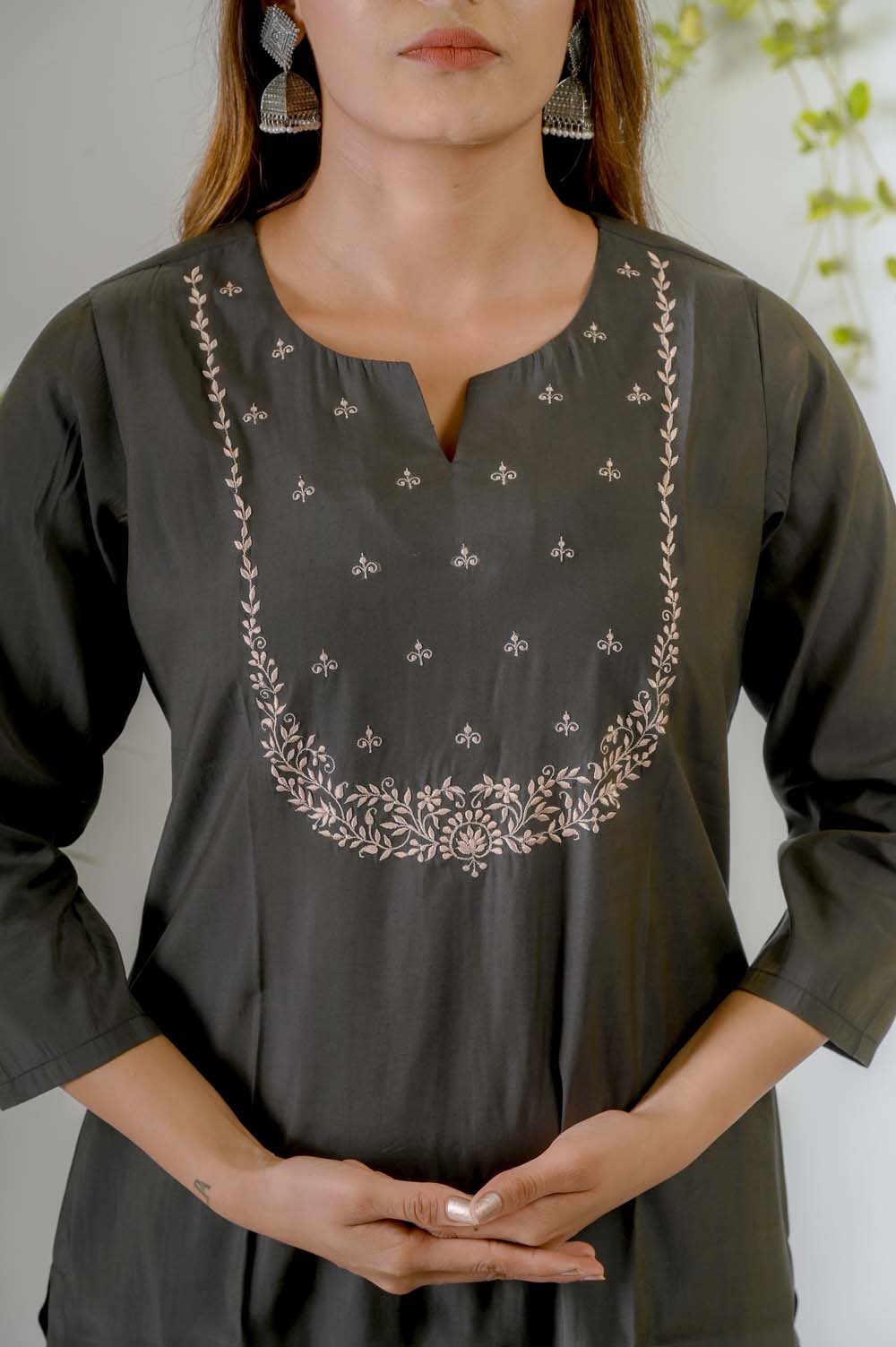 Olive Silk Kurta Set for Women with Silk Thread Embroidery - Neck Design | Oopnik