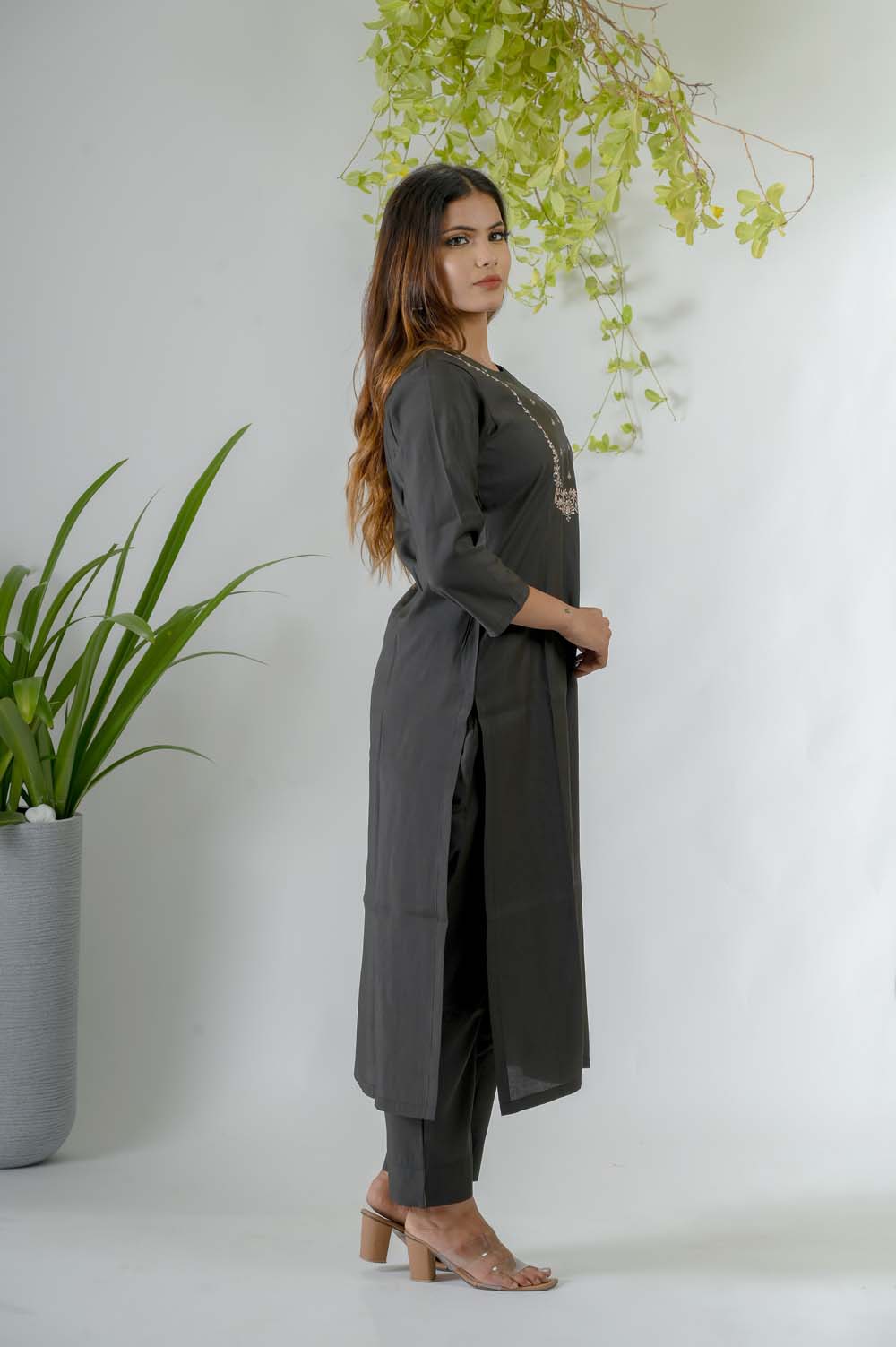 Olive Silk Kurta Set for Women with Silk Thread Embroidery -  Side View | Oopnik