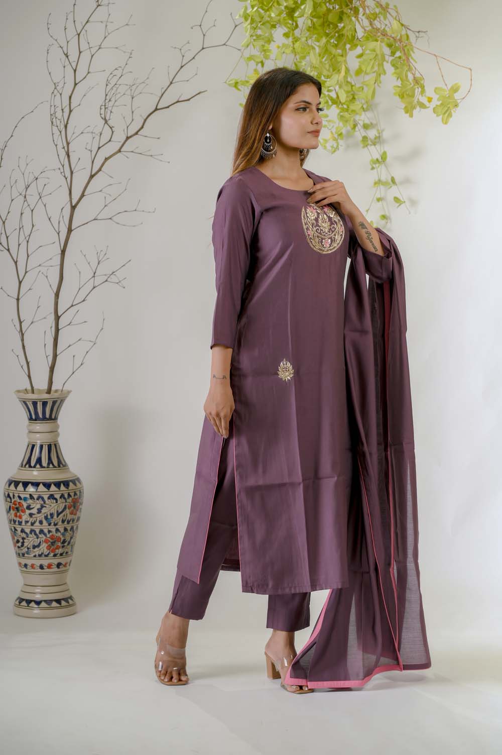 Dark Purple Silk Kurta Set for Women with Zardosi Work -  Side View | Oopnik