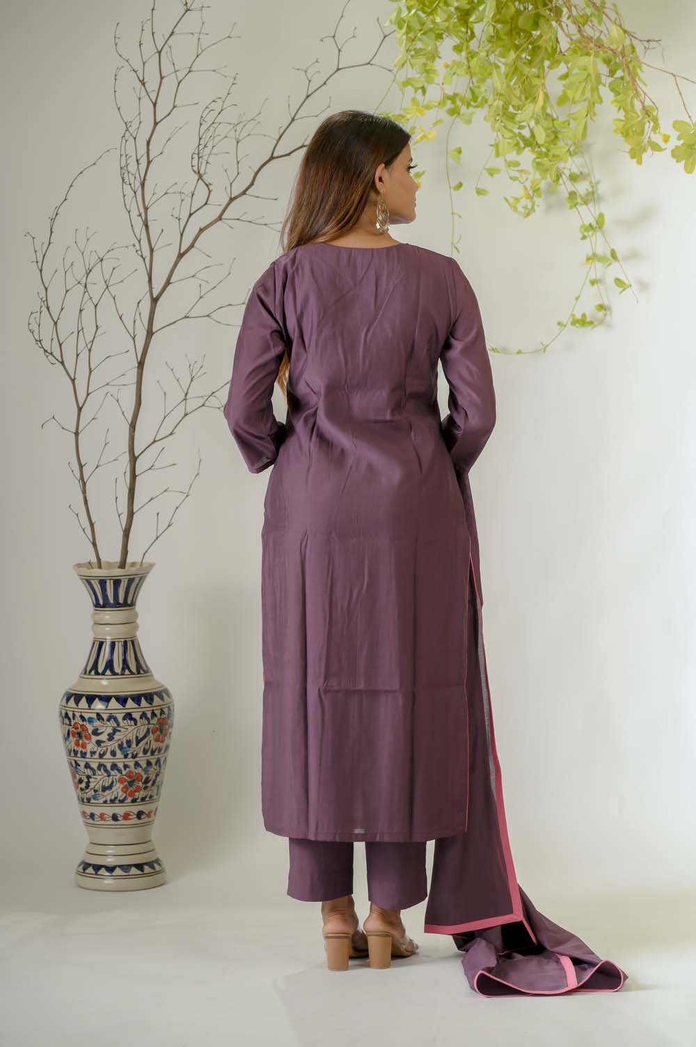 Dark Purple Silk Kurta Set for Women with Zardosi Work -  Back View | Oopnik