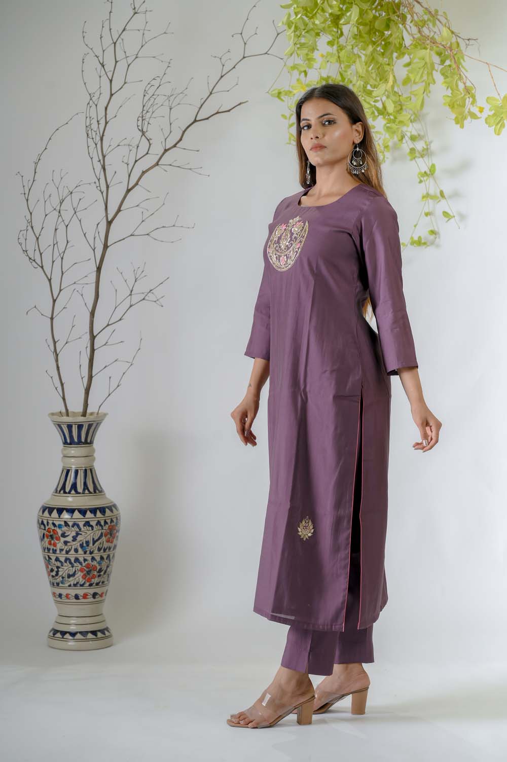 Dark Purple Silk Kurta Set for Women with Zardosi Work -  Side View | Oopnik