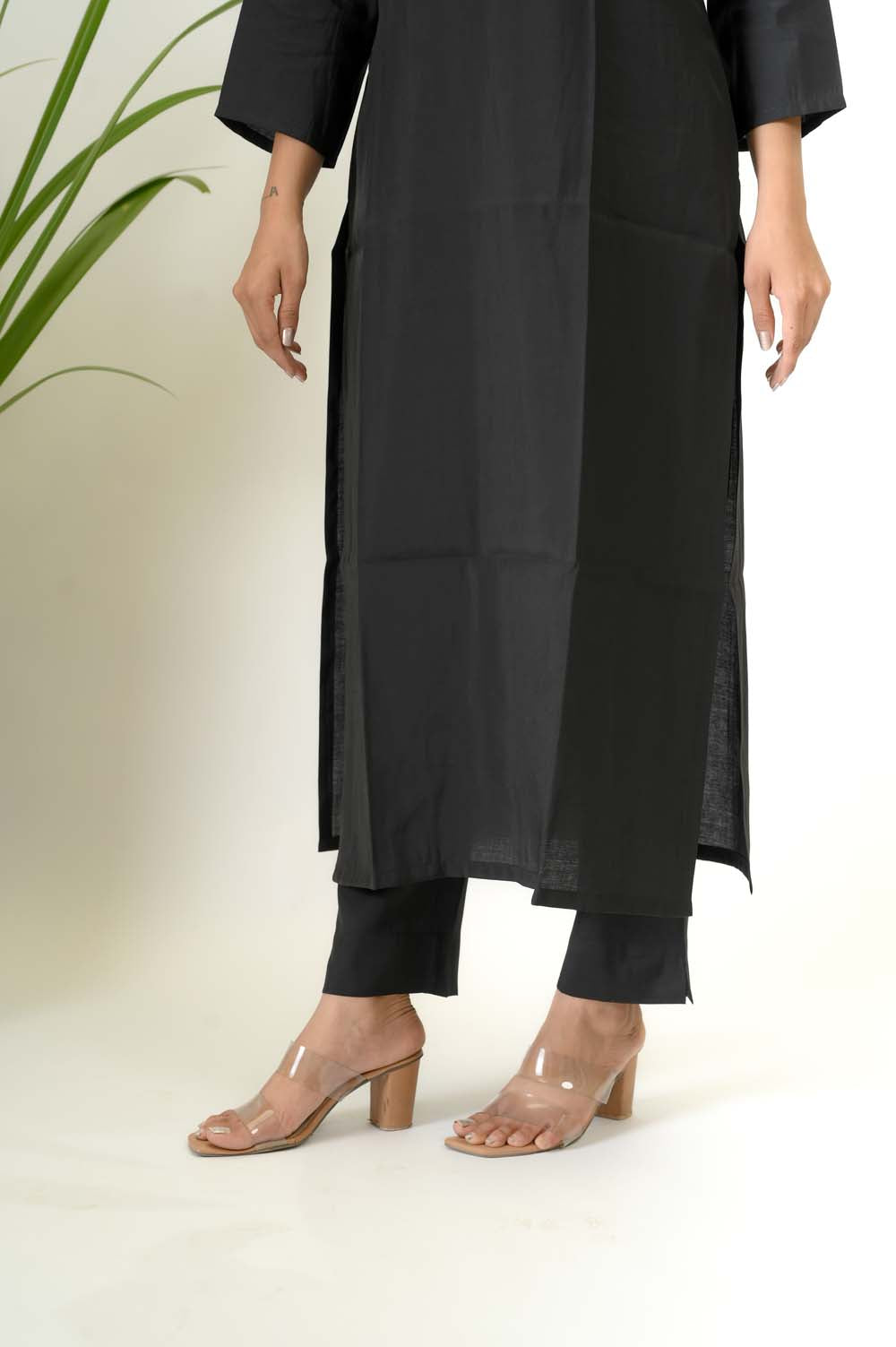 Black Silk Kurta Set for Women With Designer Silver Zari Embroidery - Fabric Design | Oopnik