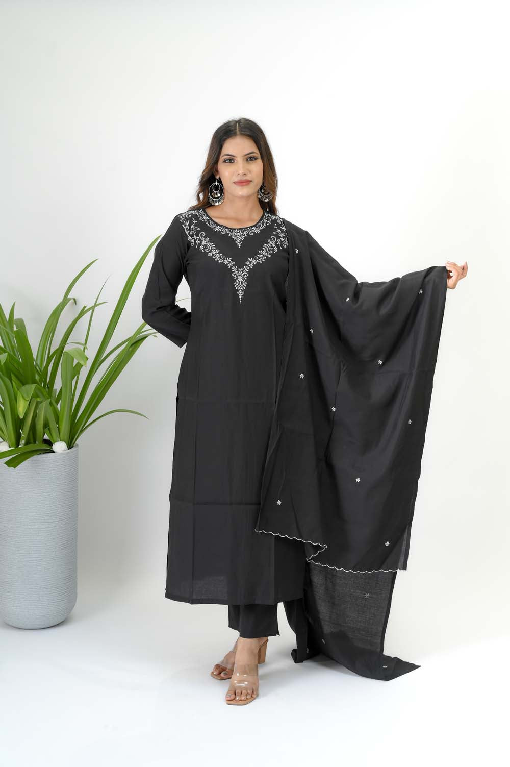 Black Silk Kurta Set for Women With Designer Silver Zari Embroidery - Front View | Oopnik