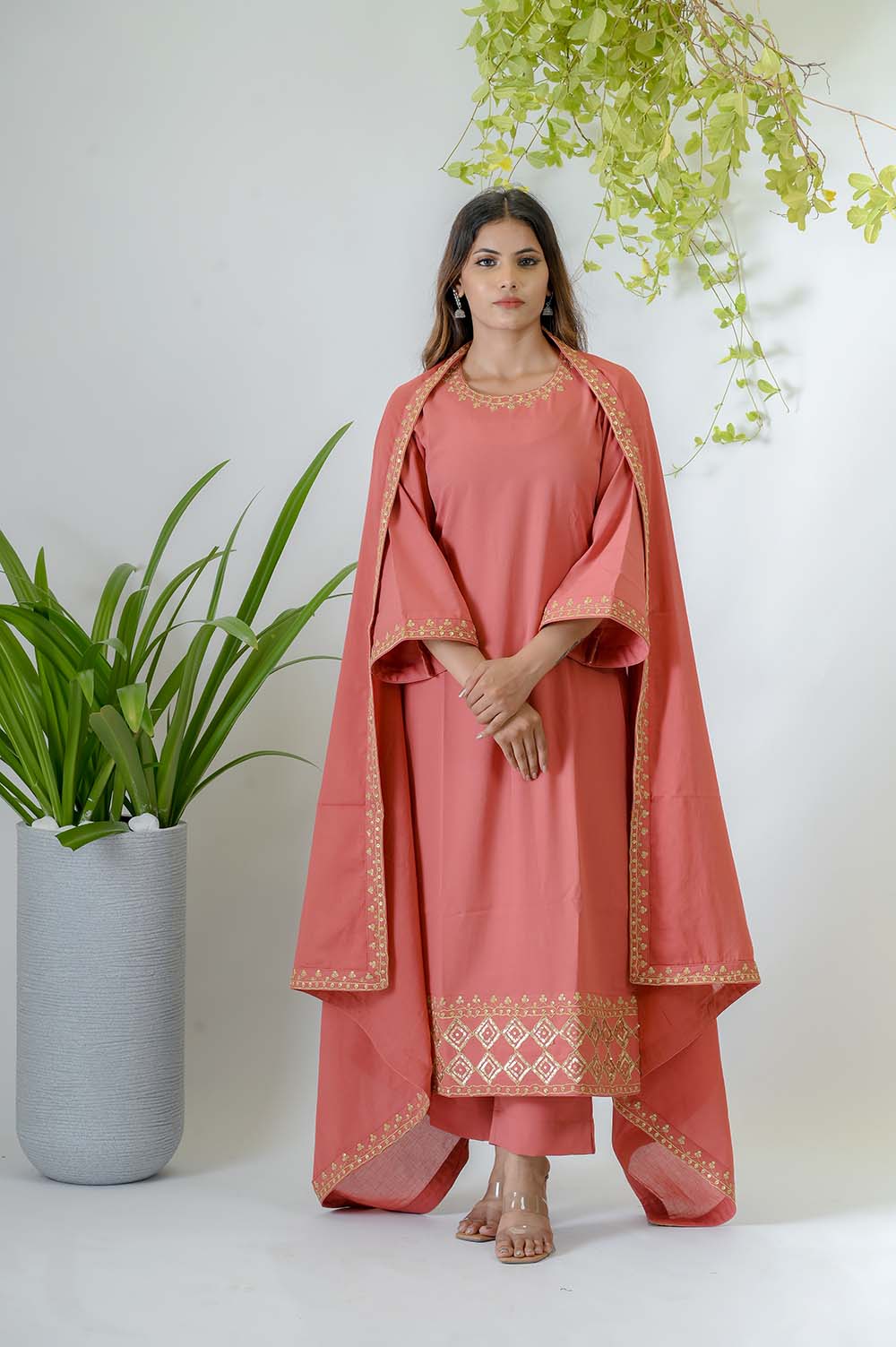 Peach Crepe Festive Kurta Set with Gold Dori Embroidery -  Front View | Oopnik