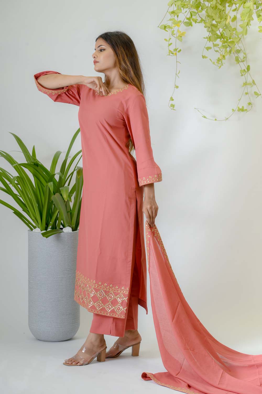 Peach Crepe Festive Kurta Set with Gold Dori Embroidery -  Side View | Oopnik