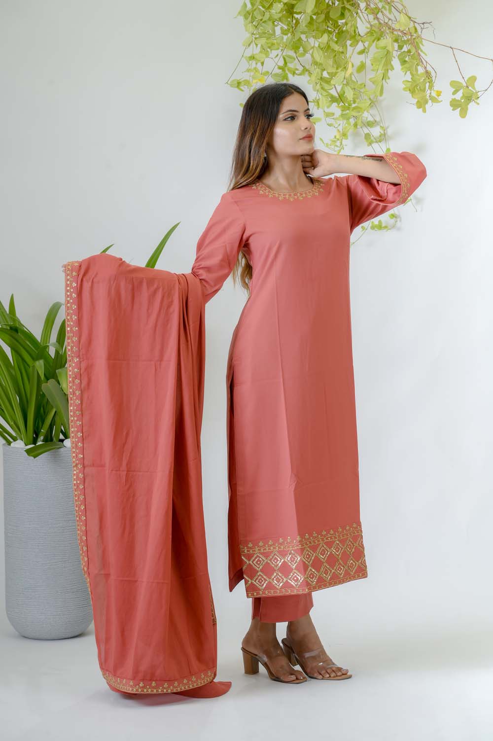 Peach Crepe Festive Kurta Set with Gold Dori Embroidery -  Side View | Oopnik