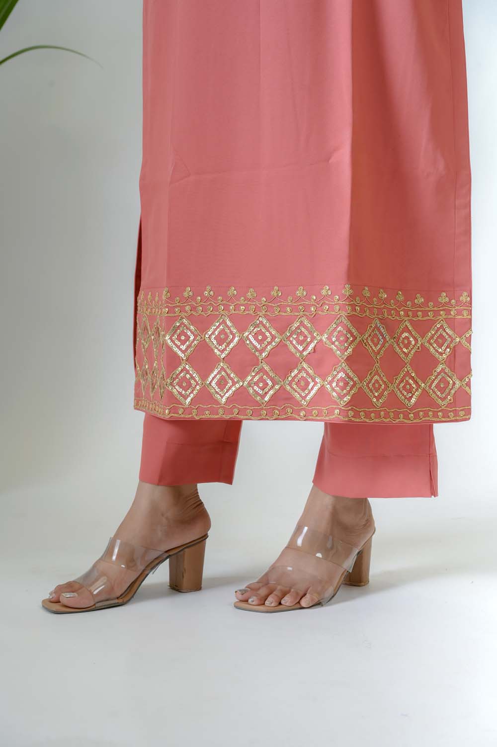 Peach Crepe Festive Kurta Set with Gold Dori Embroidery -  Bottom View | Oopnik