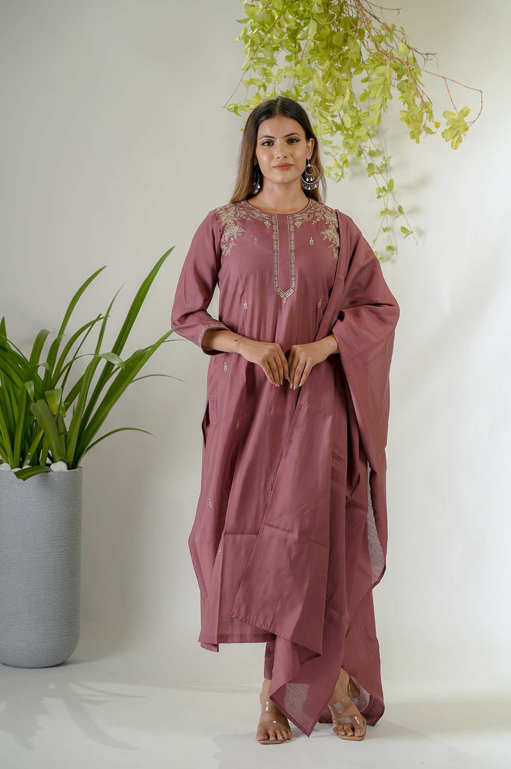 Light Purple Silk Festive Kurta Set with Gold Zari Embroidery - Front View | Oopnik