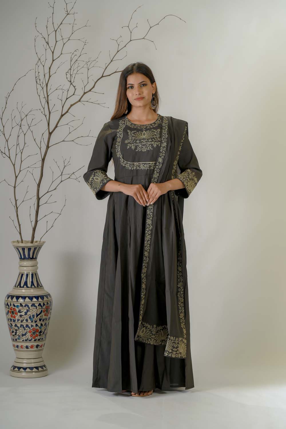 Olive Silk Kurta Set For Women with Gold Zari Embroidery - Front View | Oopnik