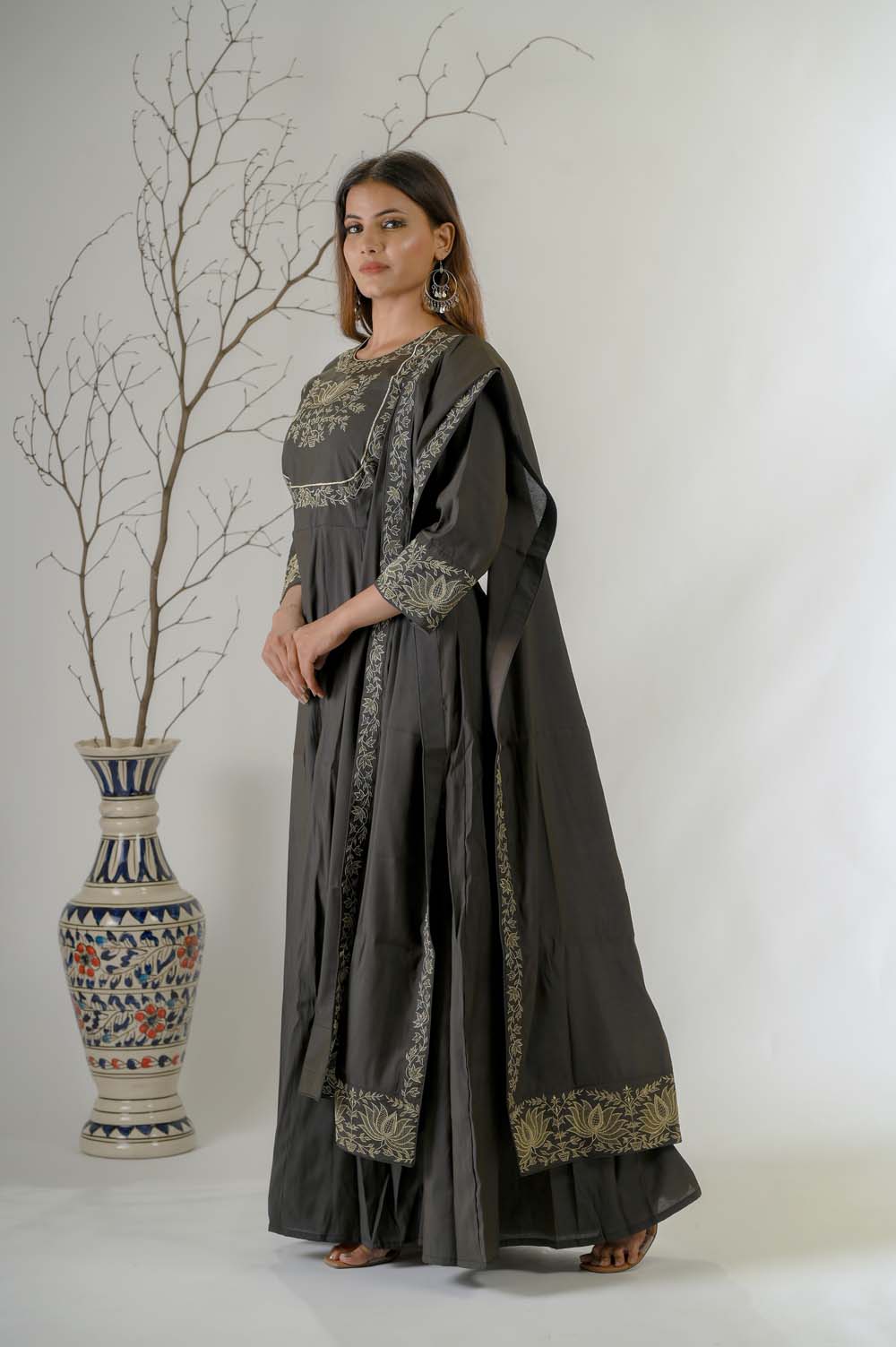 Olive Silk Kurta Set For Women with Gold Zari Embroidery - Side View | Oopnik