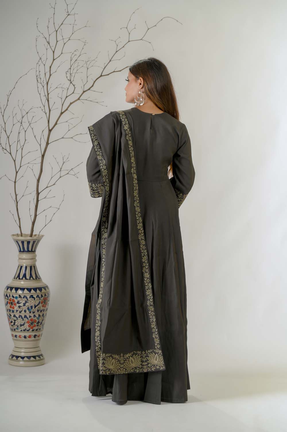 Olive Silk Kurta Set For Women with Gold Zari Embroidery - Back View | Oopnik