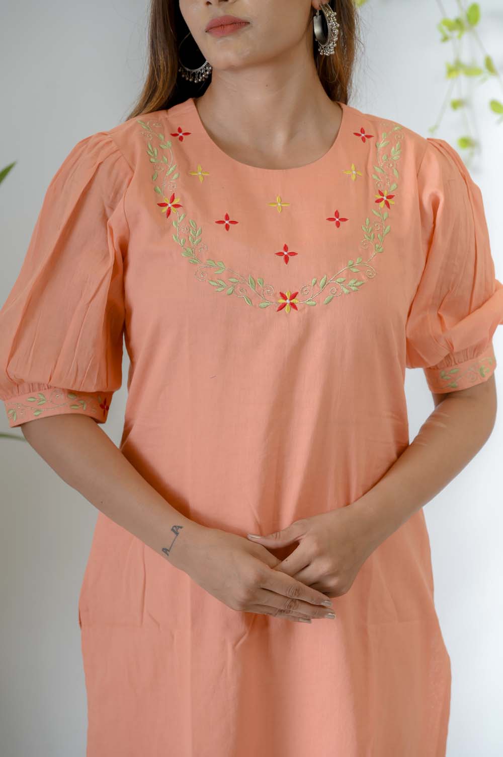 Peach Voile Kurta Set For Women with Silk Thread & Zari Embroidery - Closeup | Oopnik
