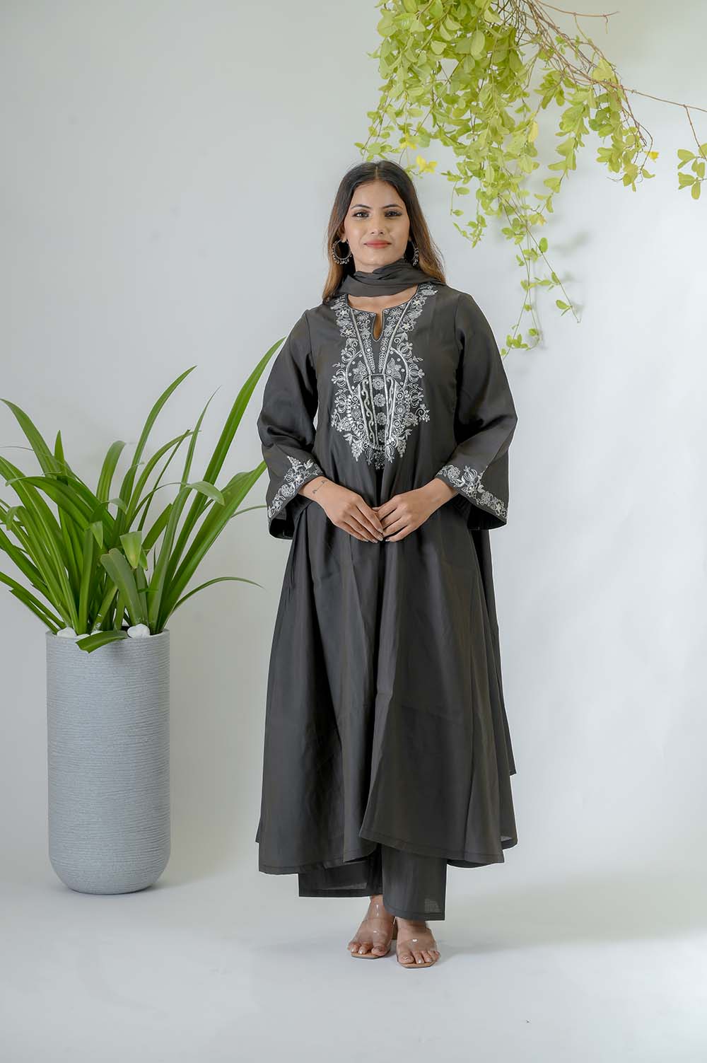 Olive Silk Festive Wear Kurta Set with Silver Zari Work - Front View | Oopnik