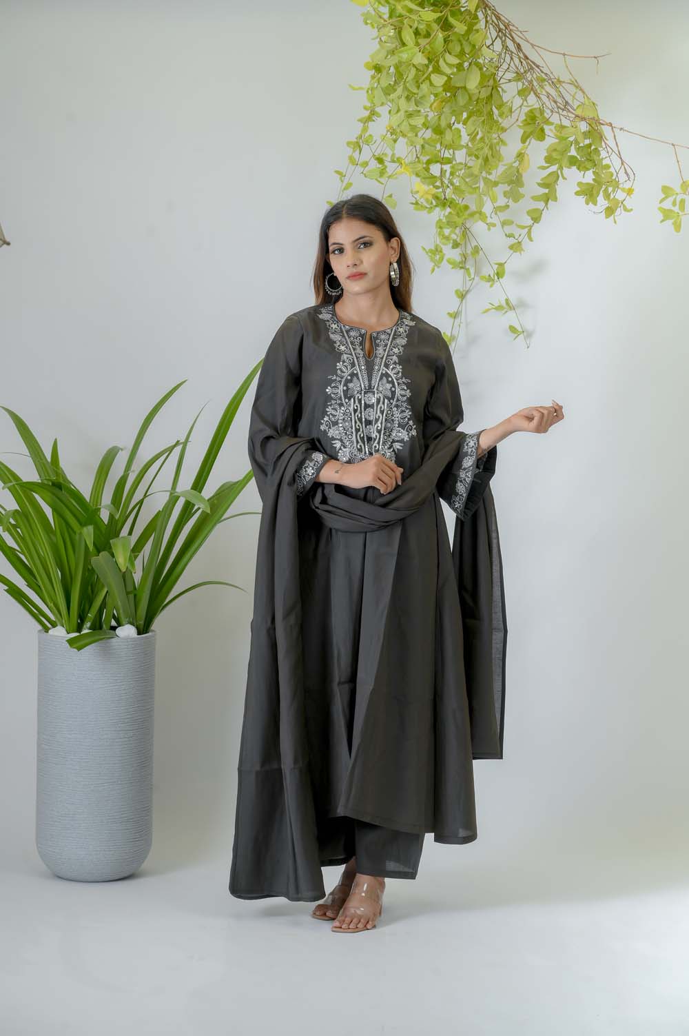 Olive Silk Festive Wear Kurta Set with Silver Zari Work - Front View | Oopnik