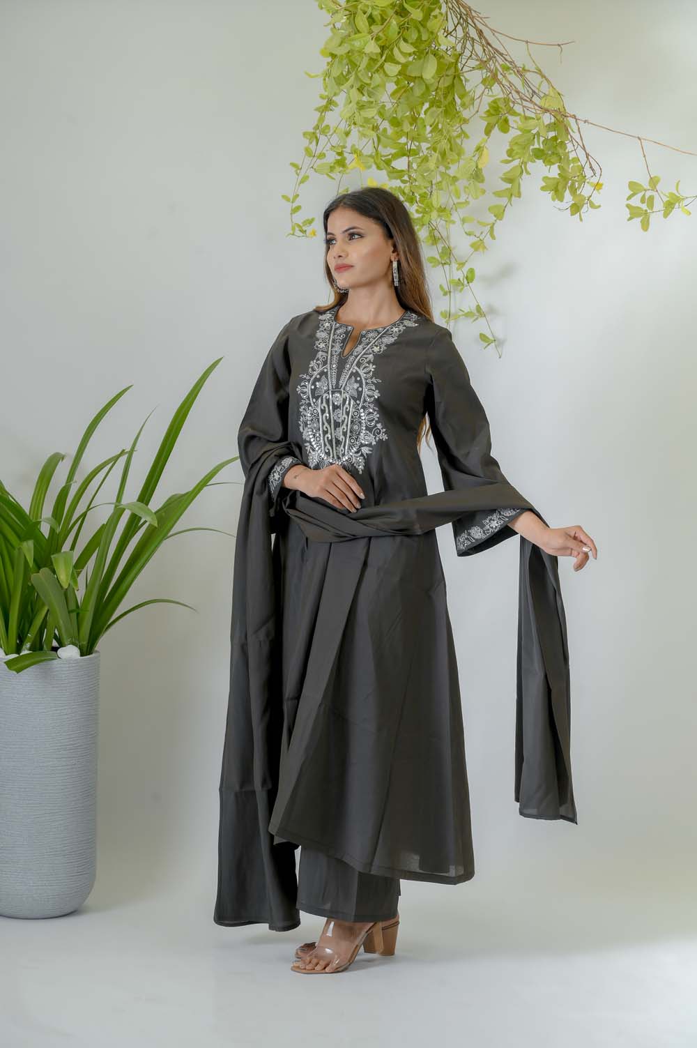 Olive Silk Festive Wear Kurta Set with Silver Zari Work - Side View | Oopnik