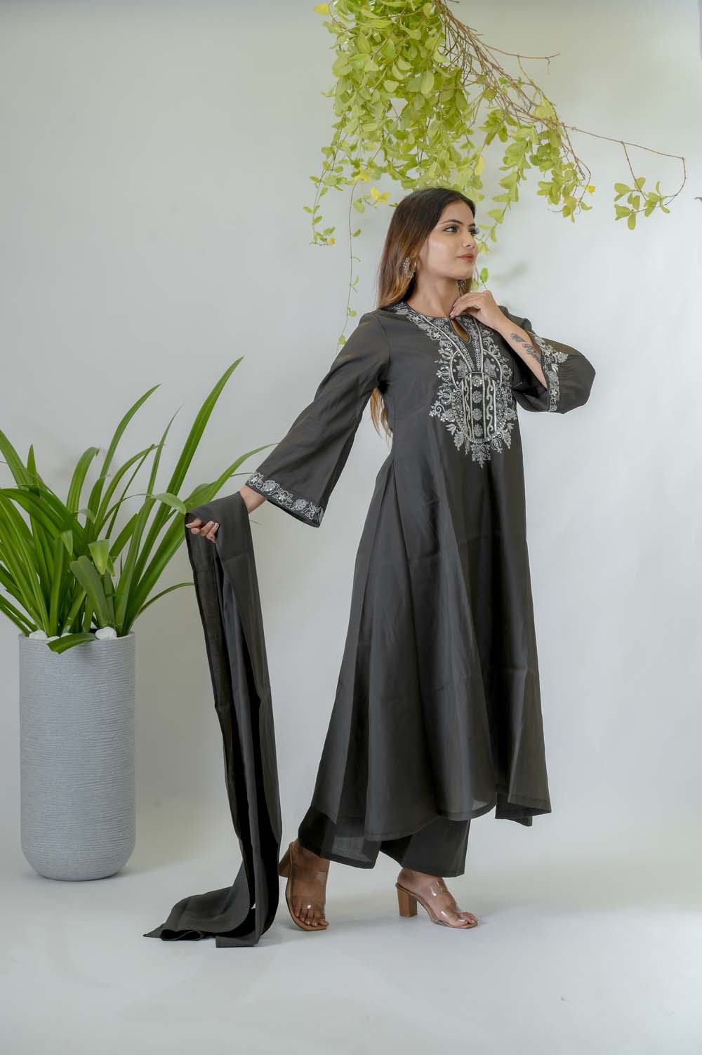 Olive Silk Festive Wear Kurta Set with Silver Zari Work - Side View | Oopnik