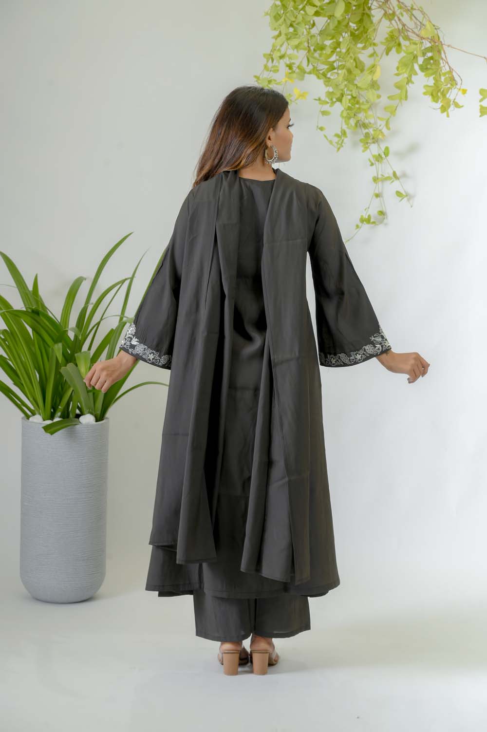 Olive Silk Festive Wear Kurta Set with Silver Zari Work - Back View | Oopnik