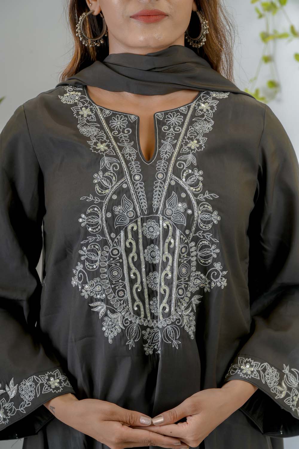 Olive Silk Festive Wear Kurta Set with Silver Zari Work - Neck Design | Oopnik