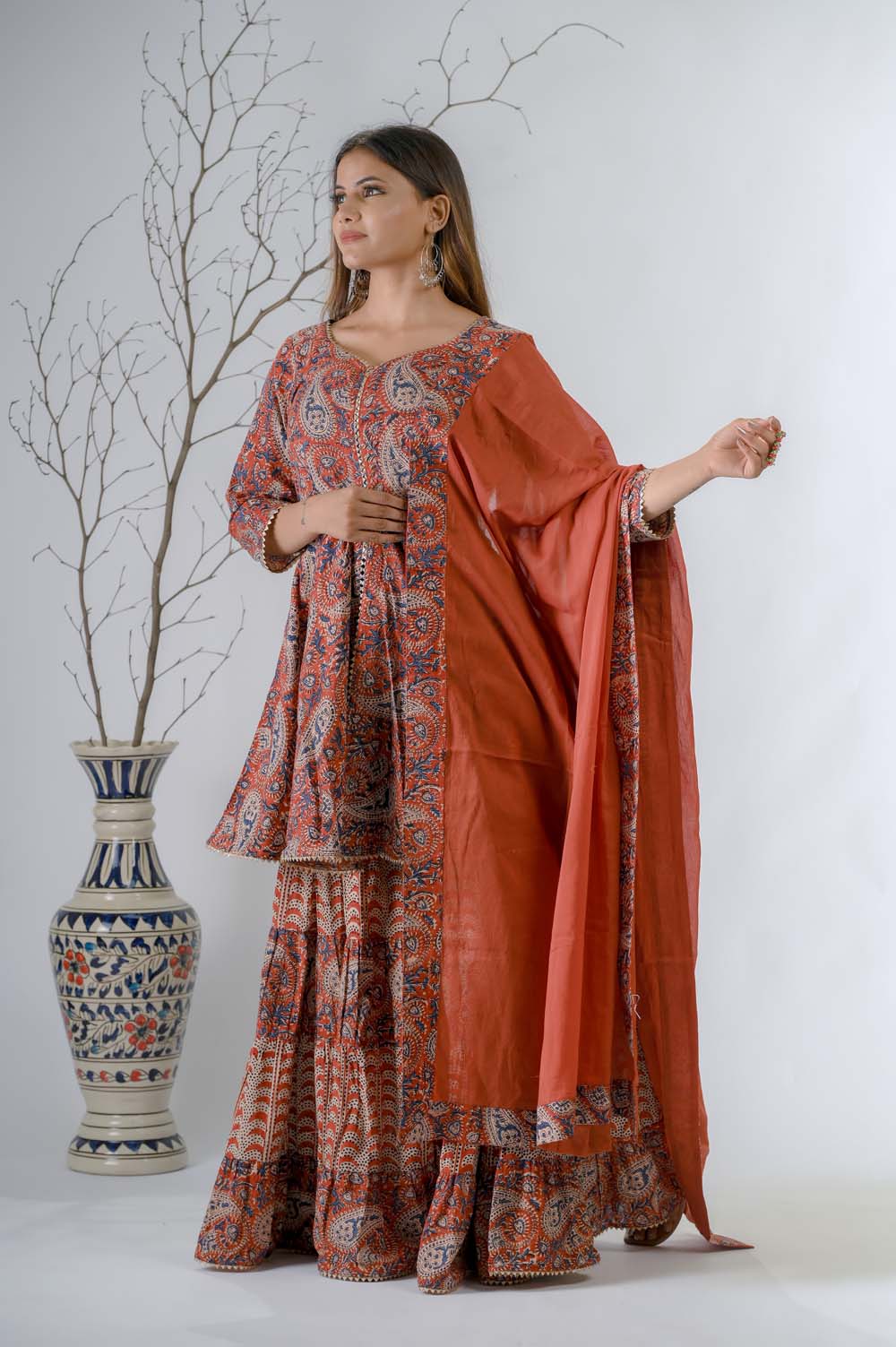 Red Hand Block Bagru Print Sharara Set for women - Side View | Oopnik