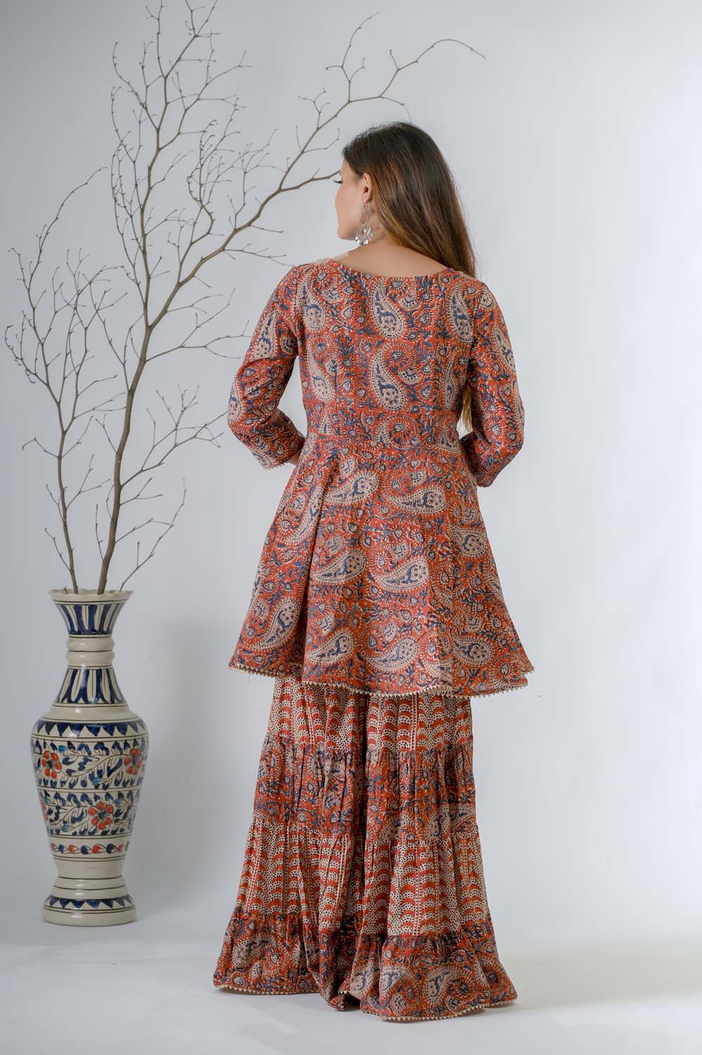 Red Hand Block Bagru Print Sharara Set for women - Back View | Oopnik