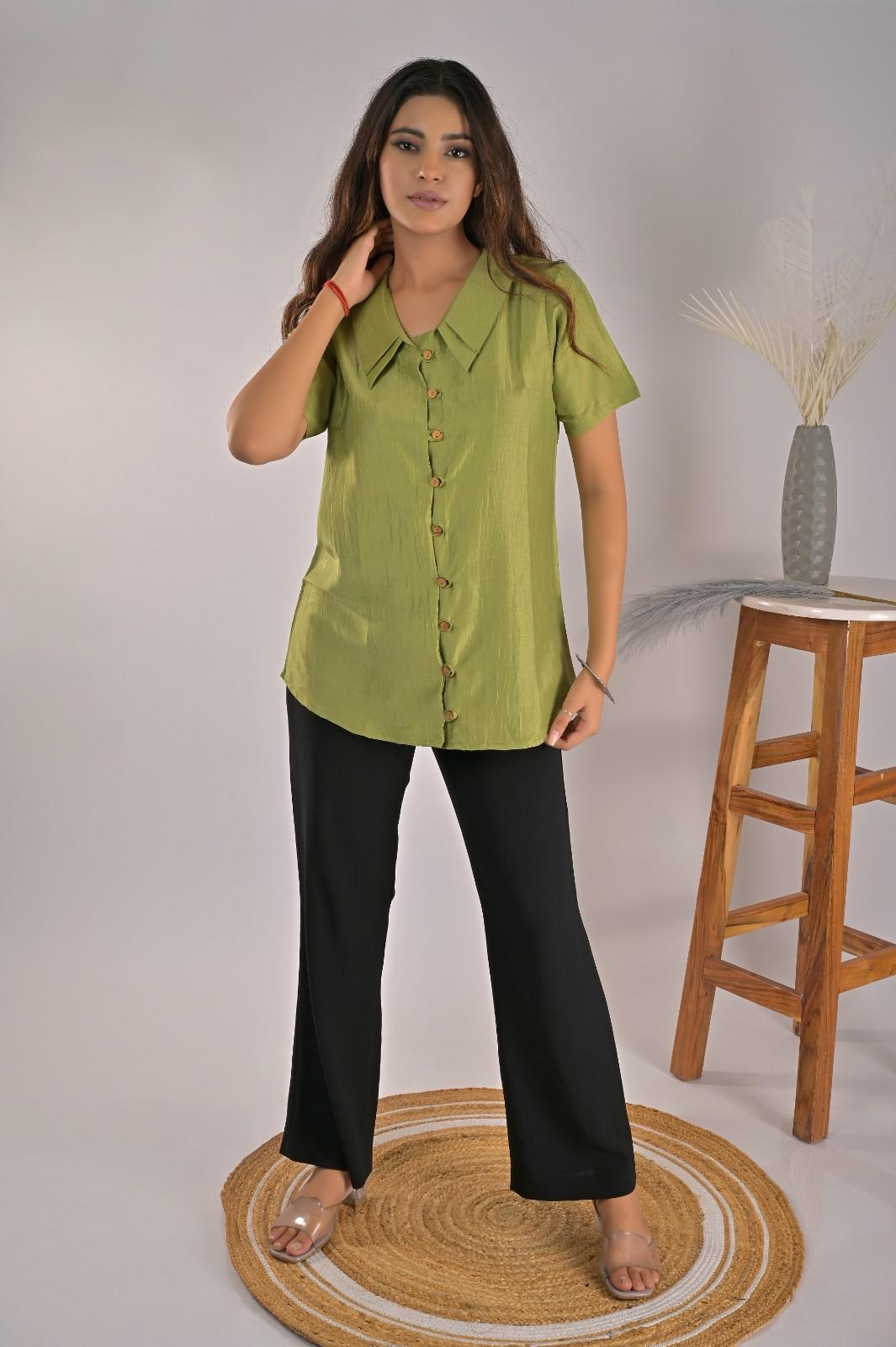 Green Crepe Formal Shirt For Women - Front View | Oopnik