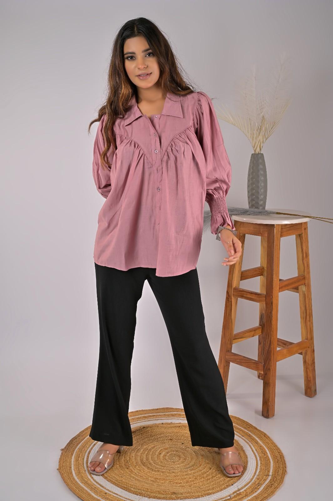 Pink Crepe Balloon Sleeve Casual Wear Shirt for Women - Front View | OOPNIK