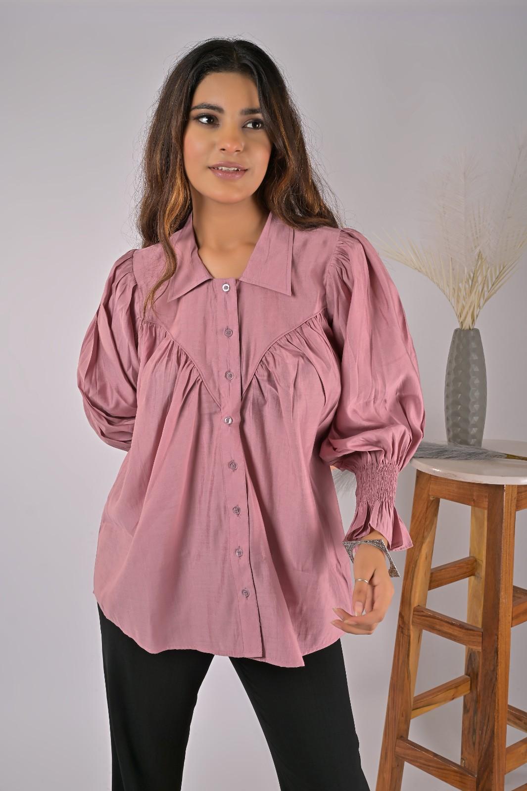 Pink Crepe Balloon Sleeve Casual Wear Shirt for Women - Front Closeup | OOPNIK
