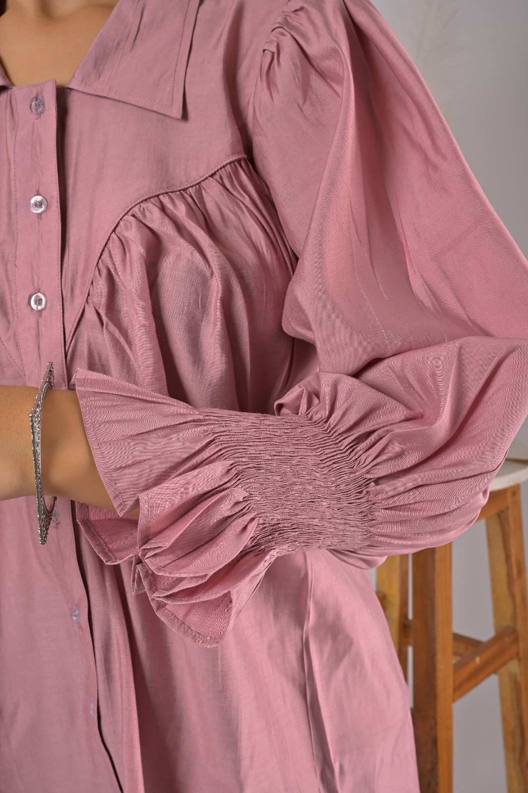 Pink Crepe Balloon Sleeve Casual Wear Shirt for Women - Sleeves Closeup | OOPNIK