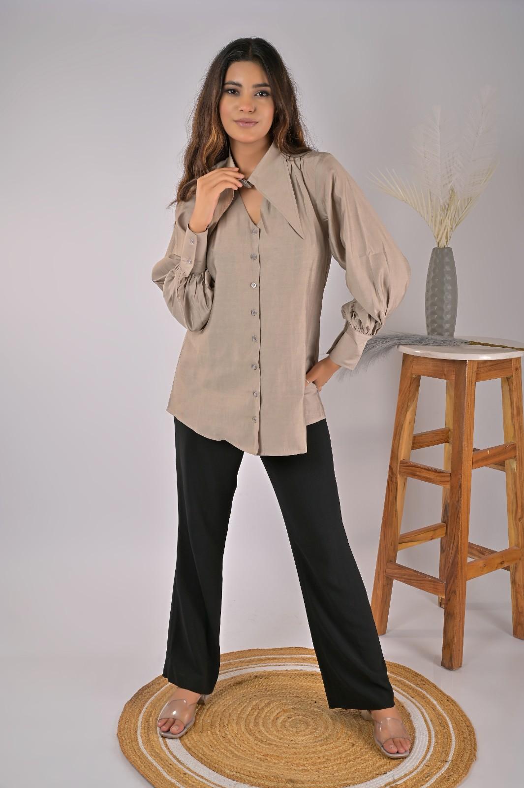 Grey Casual Wear Shirt For Women with Long Collar - Front View | OOPNIK