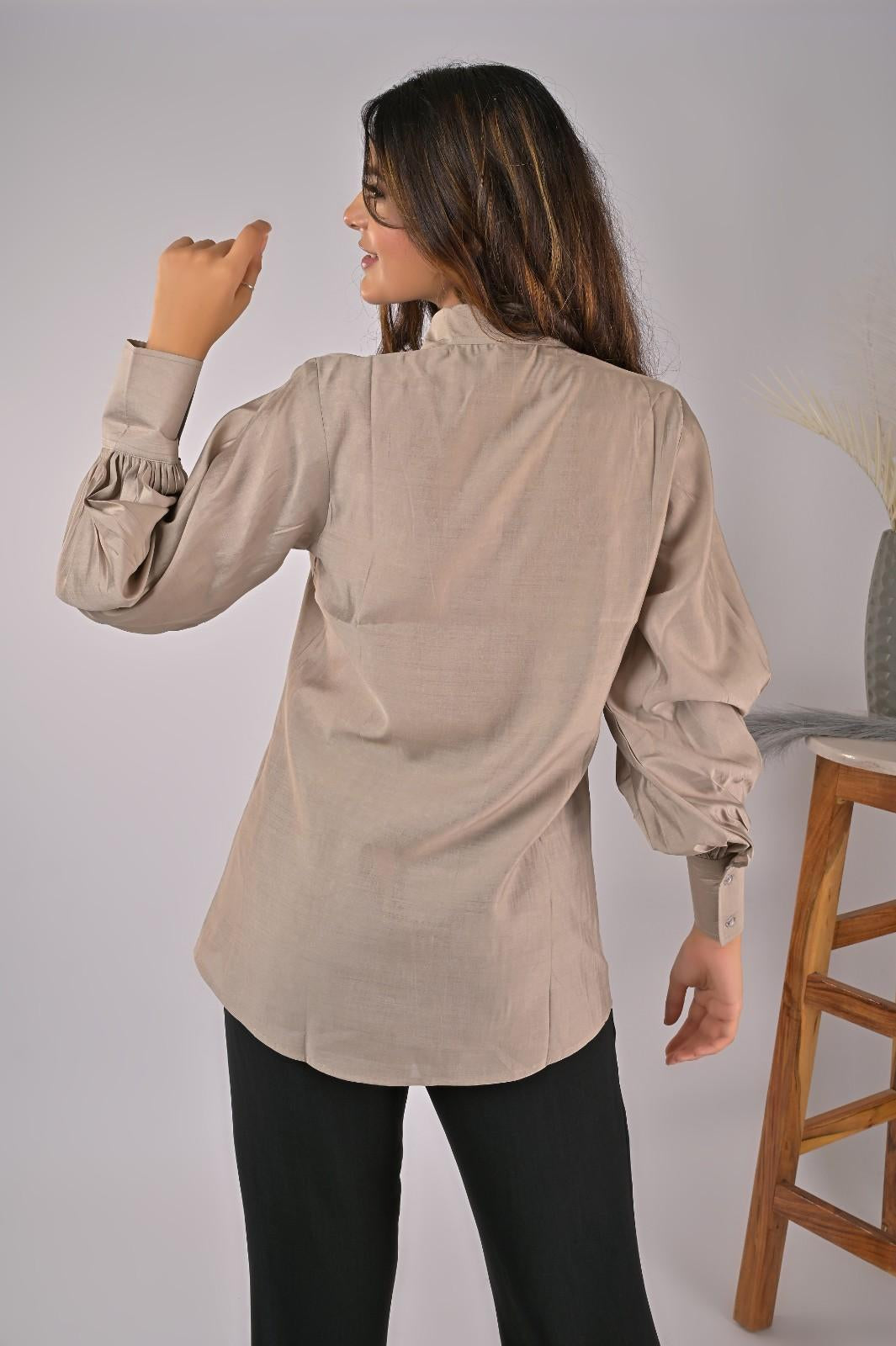 Grey Casual Wear Shirt For Women with Long Collar -Back Design | OOPNIK