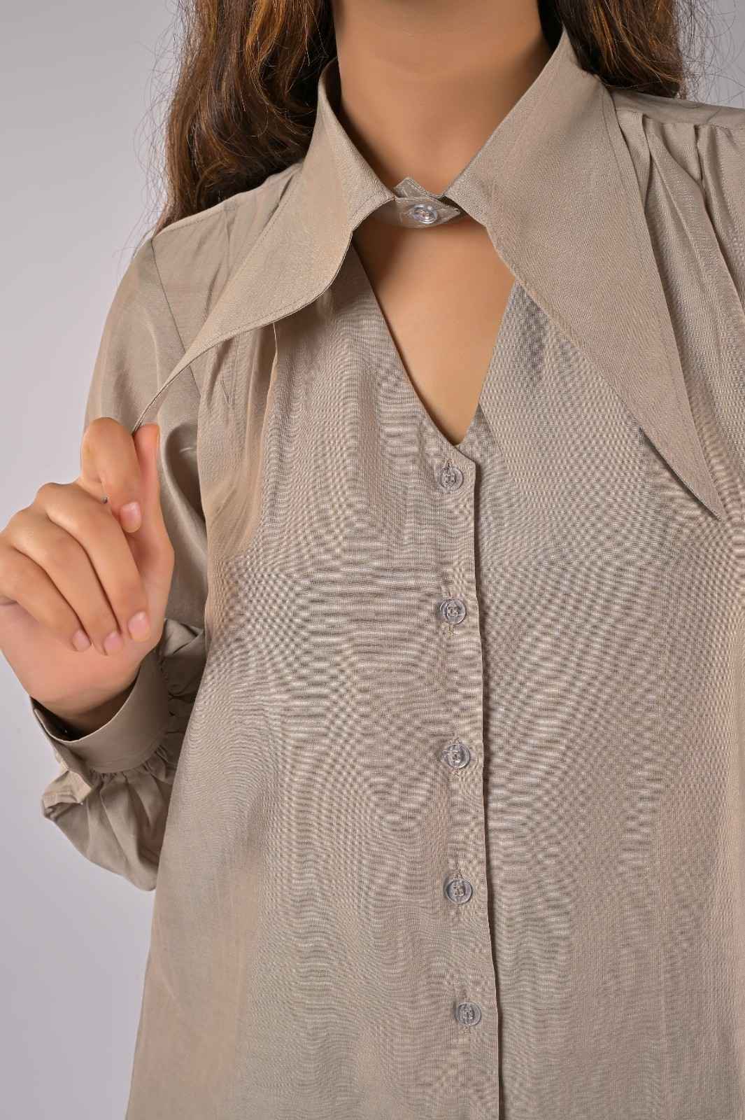 Grey Casual Wear Shirt For Women with Long Collar -Neck Design | OOPNIK