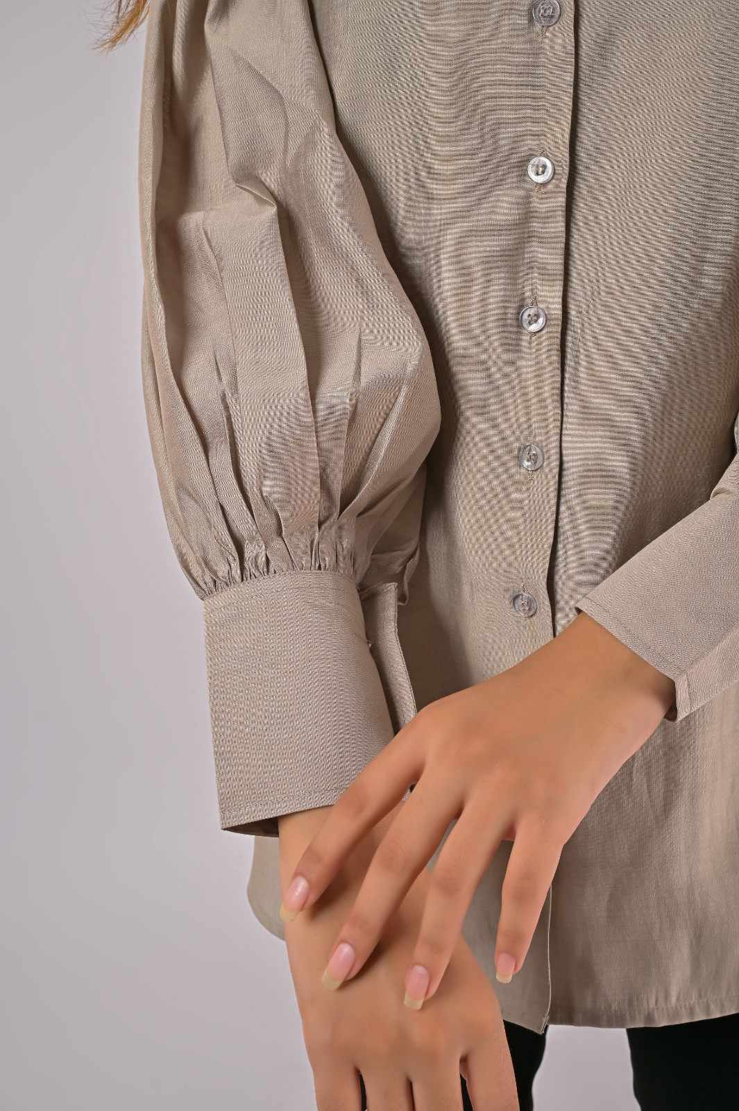 Grey Casual Wear Shirt For Women with Long Collar -Sleeves Closeup | OOPNIK