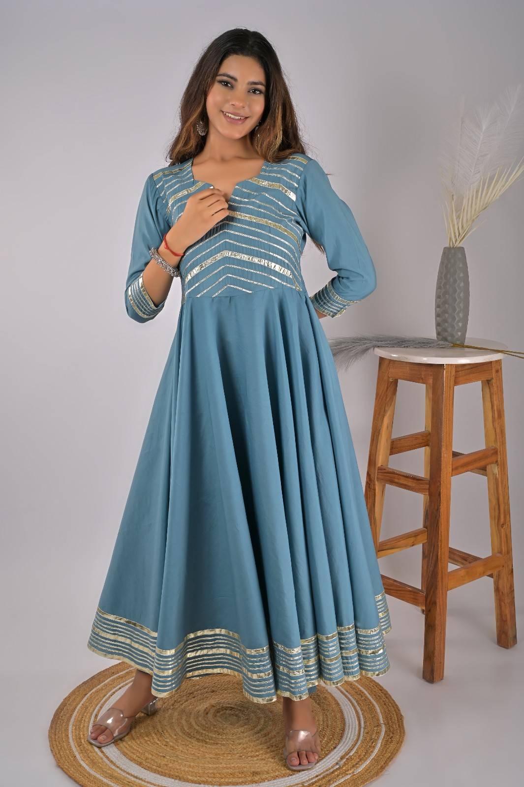 Sky Blue Festive Wear Anarkali Kurta Set with Gotta Work - Front View | Oopnik