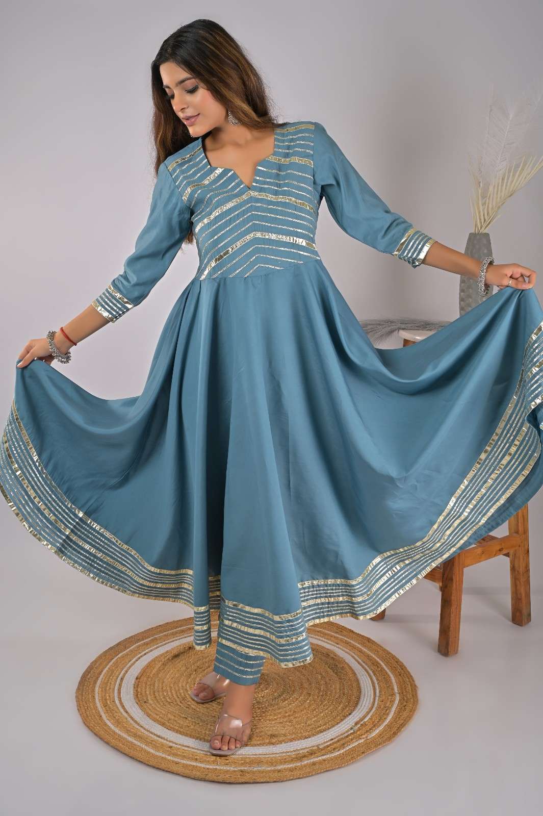 Sky Blue Festive Wear Anarkali Kurta Set with Gotta Work - Styled Outfit | Oopnik