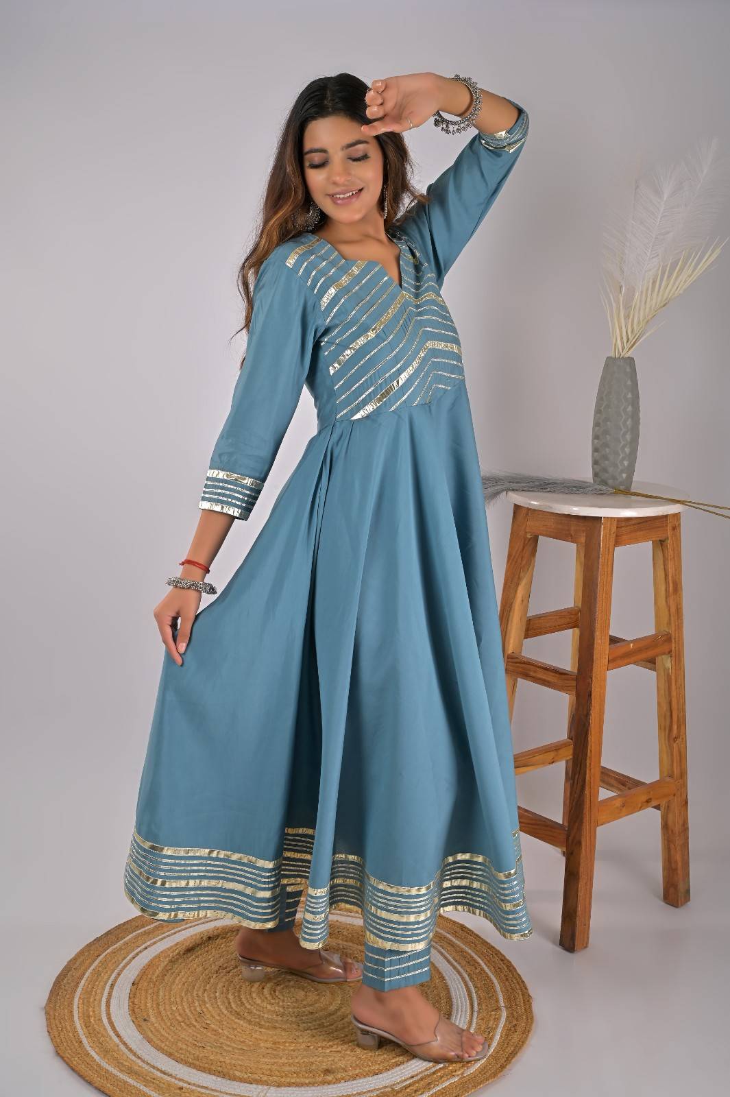 Sky Blue Festive Wear Anarkali Kurta Set with Gotta Work - Side View | Oopnik