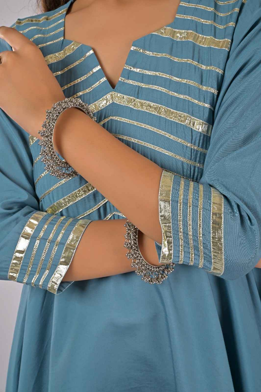 Sky Blue Festive Wear Anarkali Kurta Set with Gotta Work - Closeup view | Oopnik